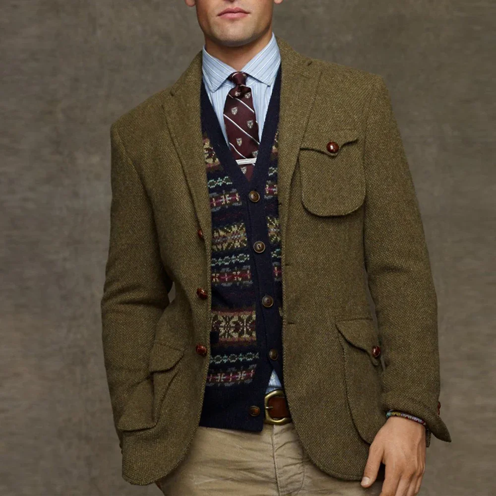 Tailor-Made Tweed Blazer dos homens, Jaqueta Verde Exército, Slim Fit, Roupa Masculina Vintage, Especialmente Projetado, Moda Inverno, Custom Made