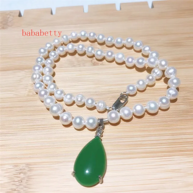 

New Fashion contracted joker natural Freshwater7-8MM white Pearl Green jades pendant necklace