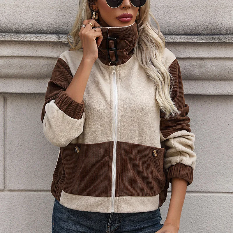 

New Outerwear Colorblock Jackets Women Fleeced Clothing Female Turn Down Collar Front Pockets Zipper Warm Coats Winter Clothes