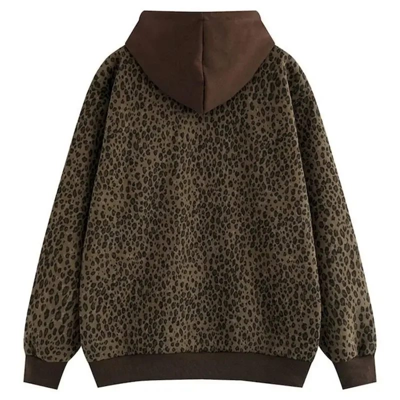 Leopard Hoodies Women Thicken Hooded Zip Up Jacket Fashion Design Plush Vintage Hoodie Spring 2024 New in Korean Hooded Coat Y2k