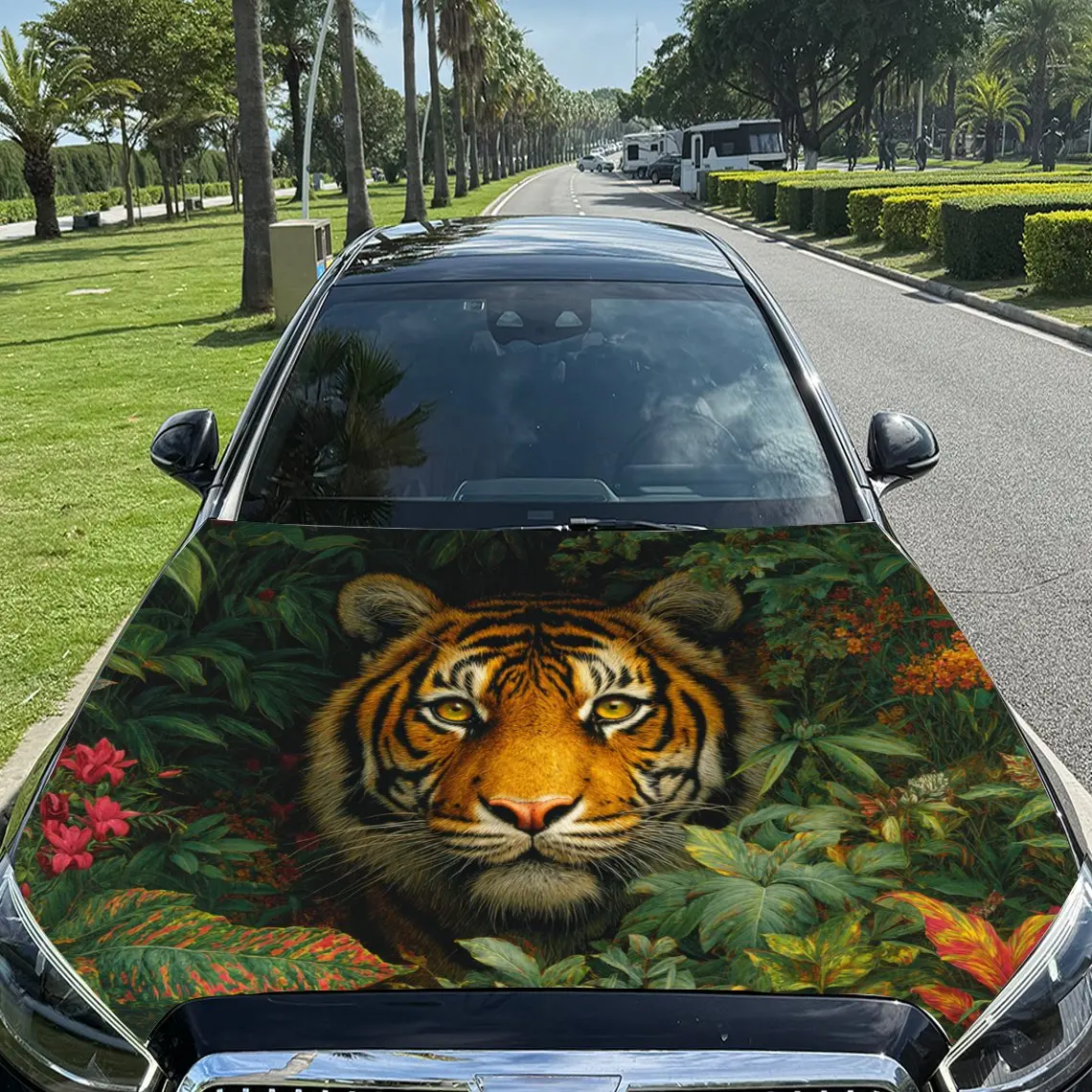 

Автомобильные наклейки Тигр с богатым тропическим лесом - тематический фон, наклейка на капот автомобиля, водостойкая самоклеящаяся виниловая графика De