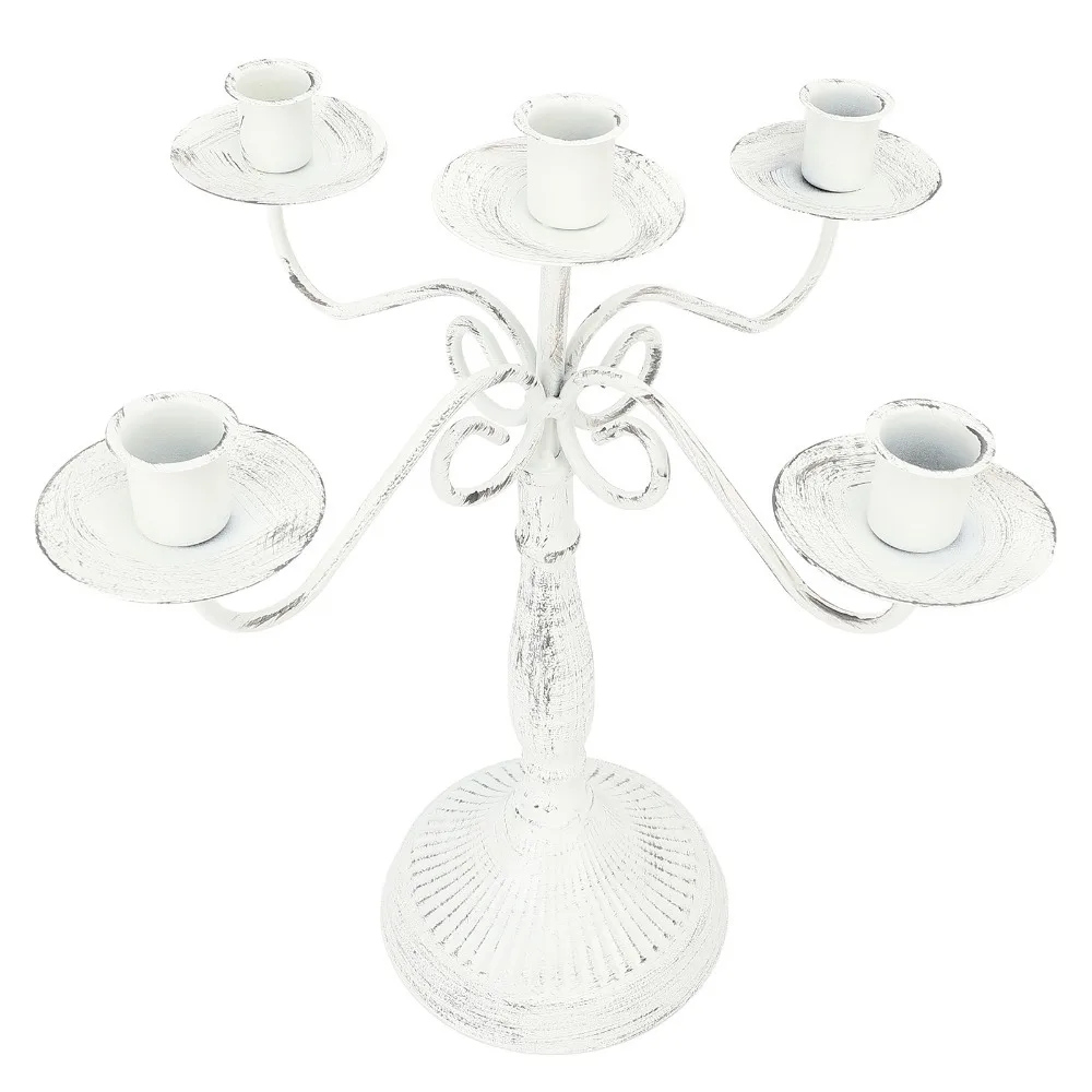 5 Arms Metal Candelabra White Round Stable Base Pillar Candle Holder Cast Iron Iron Candle Holder Home Decoration