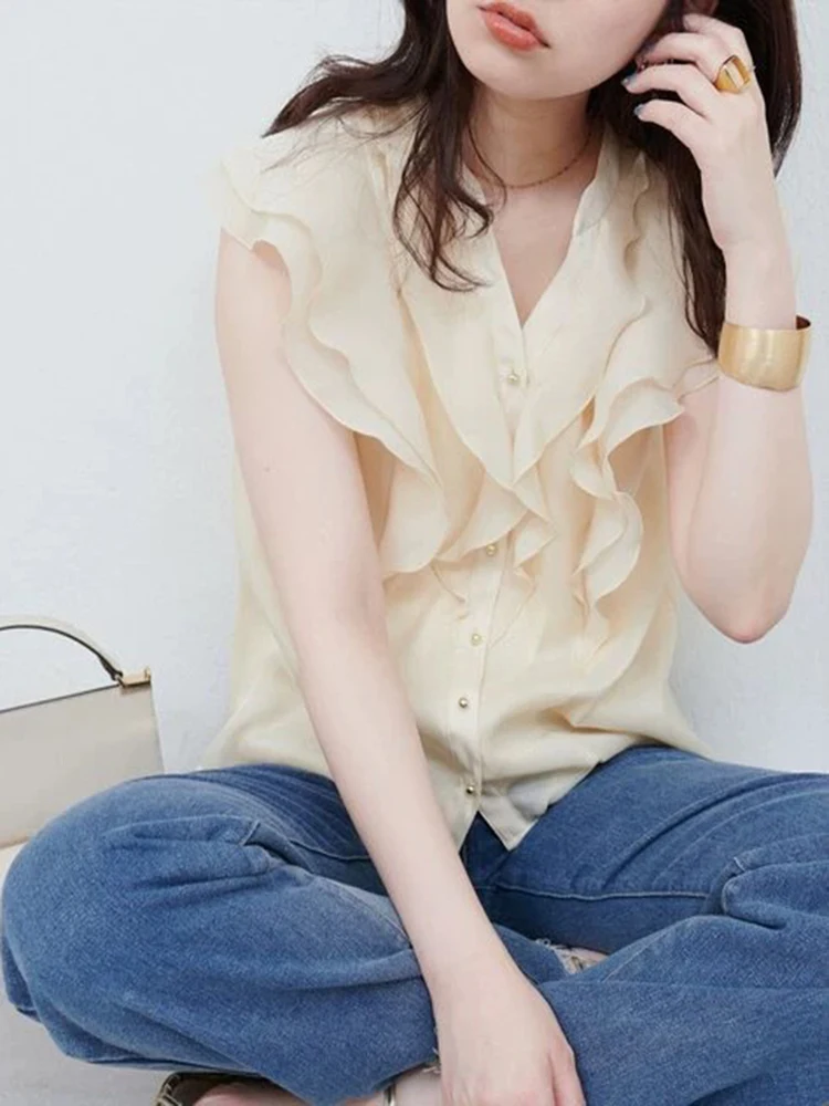 

Pure Color V-neck Shirt Sweet Lace Hemline Loose Fit Summer New Arrival Women's Casual Top Tagkita Japanese Style