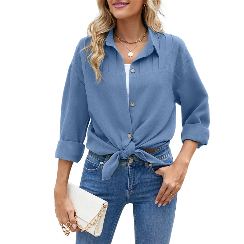 AOAO – Camisas femininas de manga comprida com botões, gola grande, ombro caído, blusa solta texturizada
