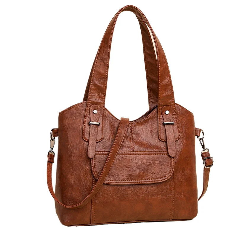 

2024 New Retro Soft Leather Tote Bag Multi layered One Shoulder Handbag Casual Versatile Middle aged Mom Bag Diagonal Straddle B