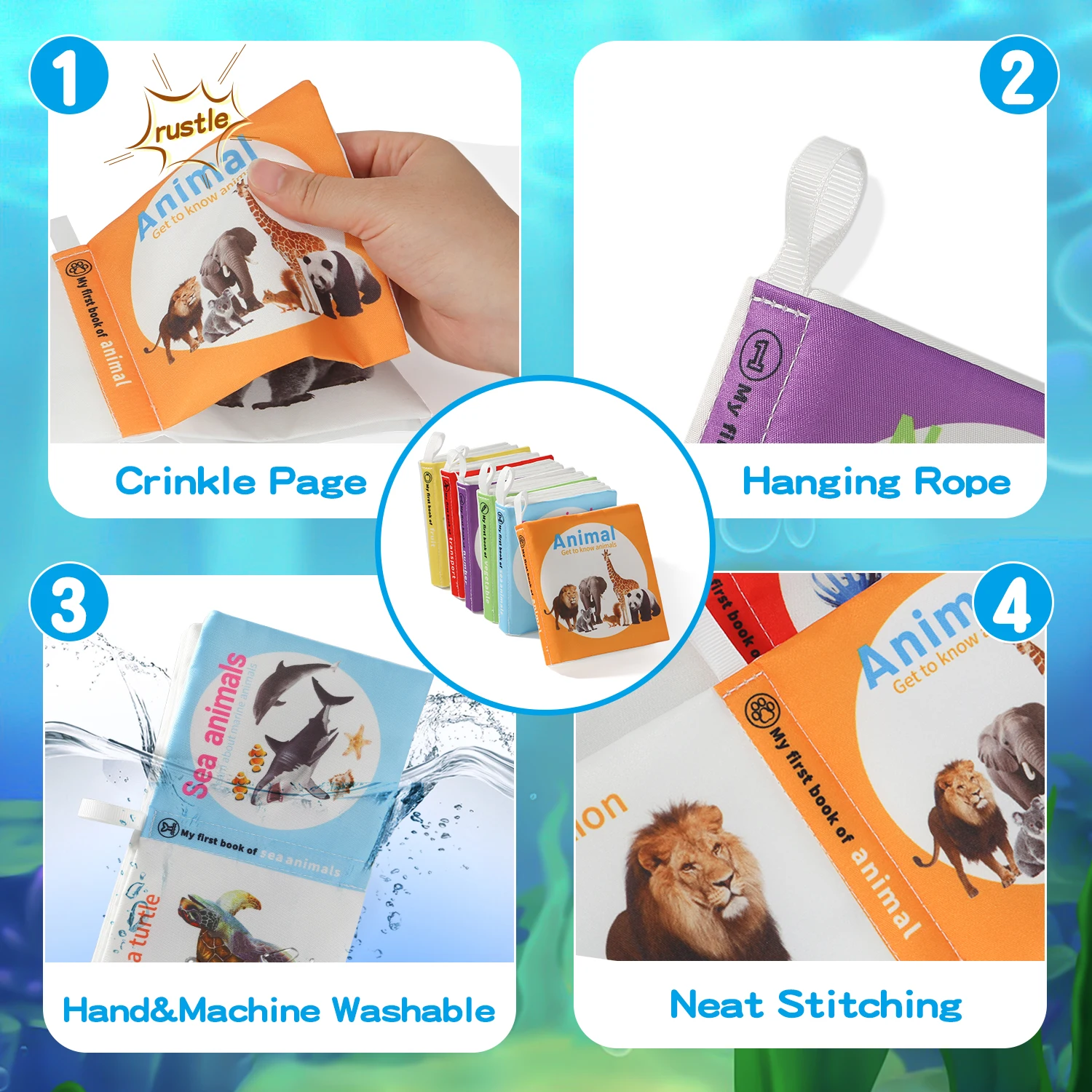 6-seitige Stoffzyklopädie für Babys – 0–6 Monate ​   – Verdicktes, waschbares Soundpapier + Touch-Griff, visuelles und frühes Lernen für Neugeborene