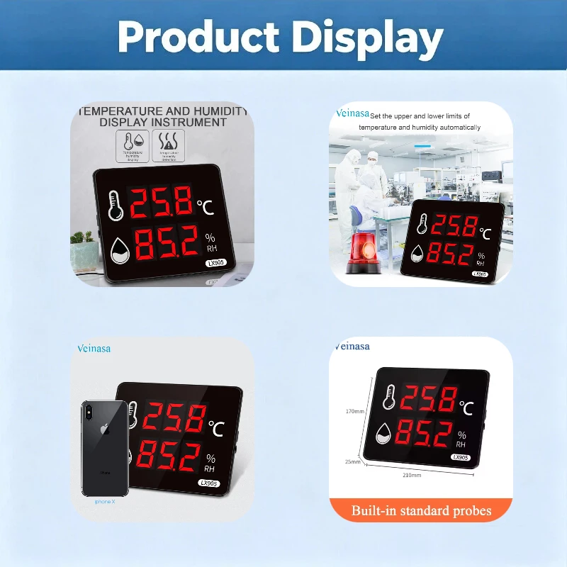 Veinasa-HEC-106 Wall-Mounted Smart Digital Temperature and Humidity Display Thermometer Customizable OEM ODM for Industrial Use
