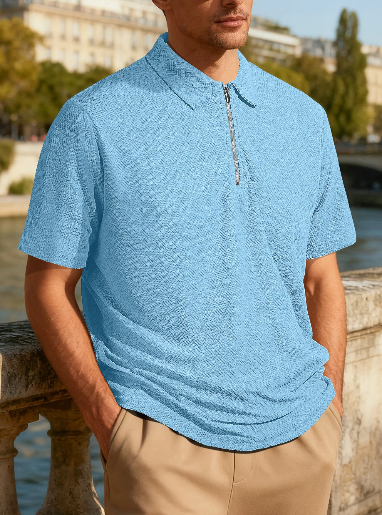 Summer New Casual Loose Towel Jacquard Zipper Placket Men's Short-sleeved Polo Shirt Cw09969