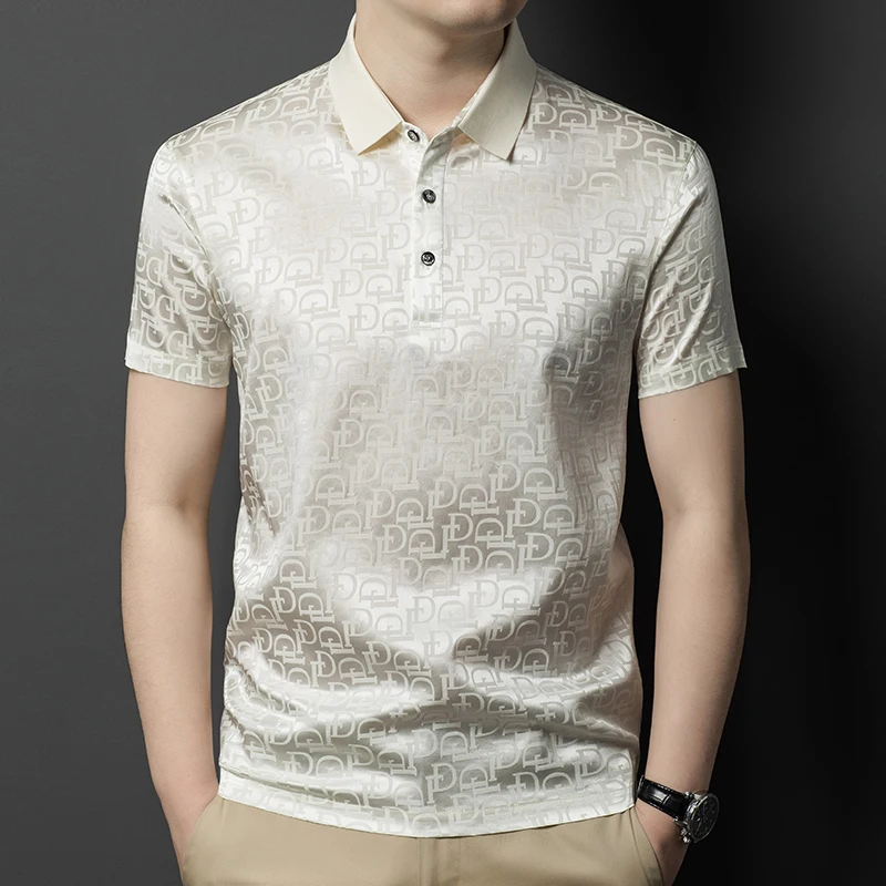 Jacquard Premium Silk Polo Shirts For Men Short Sleeve Coolness Summer Quality Skin-Friendly Lightweight Satin Camisas De Hombre