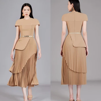 Vestido de ocasión a medida con cuello redondo y corte en A para fiesta con fajas drapeadas personalizadas Midi es