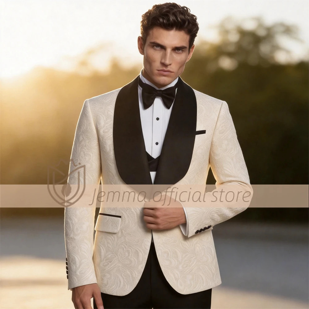 

Men's 3-Piece Elegant Shawl Lapel Suit, Jacquard Tuxedo Blazer, Vest & Trousers for Special Occasions & Galas