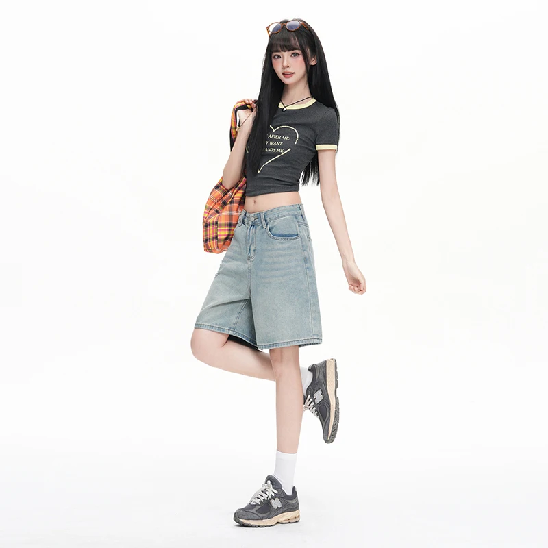 Women Trendy Denim Jeans Low Waisted Stretchy Bermuda Trousers Ripped Shorts Baggy Knee Length Slim Jorts Y2K Vintage Streetwear