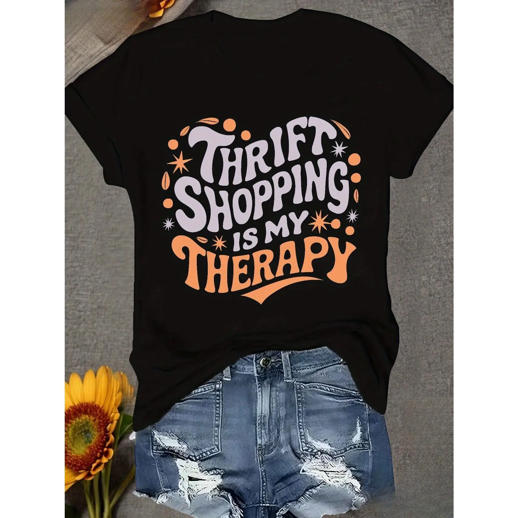 

Thrift Shopping Is My Therapy T-Shirt, Funny Retro Graphic Top, Women's Vintage Streetwear Tee for Summer