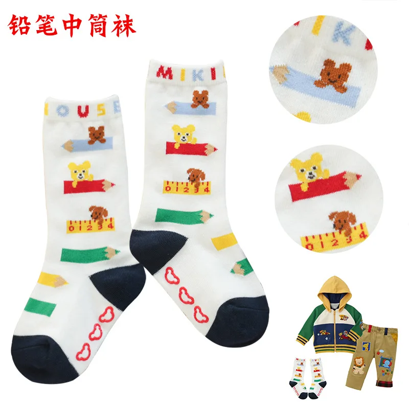 Children's Mid-rise Socks Japanese Cartoon Cute Pencil Bear Letter Embroidery Boys' Socks