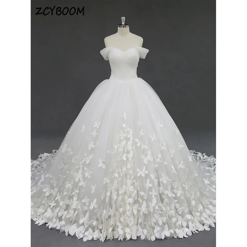 

Customized Simple Off The Shoulder Butterfly Wedding Dress 2025 Ball Gown Floor Length Sweep Train Tulle Custom Made Bridal Gown