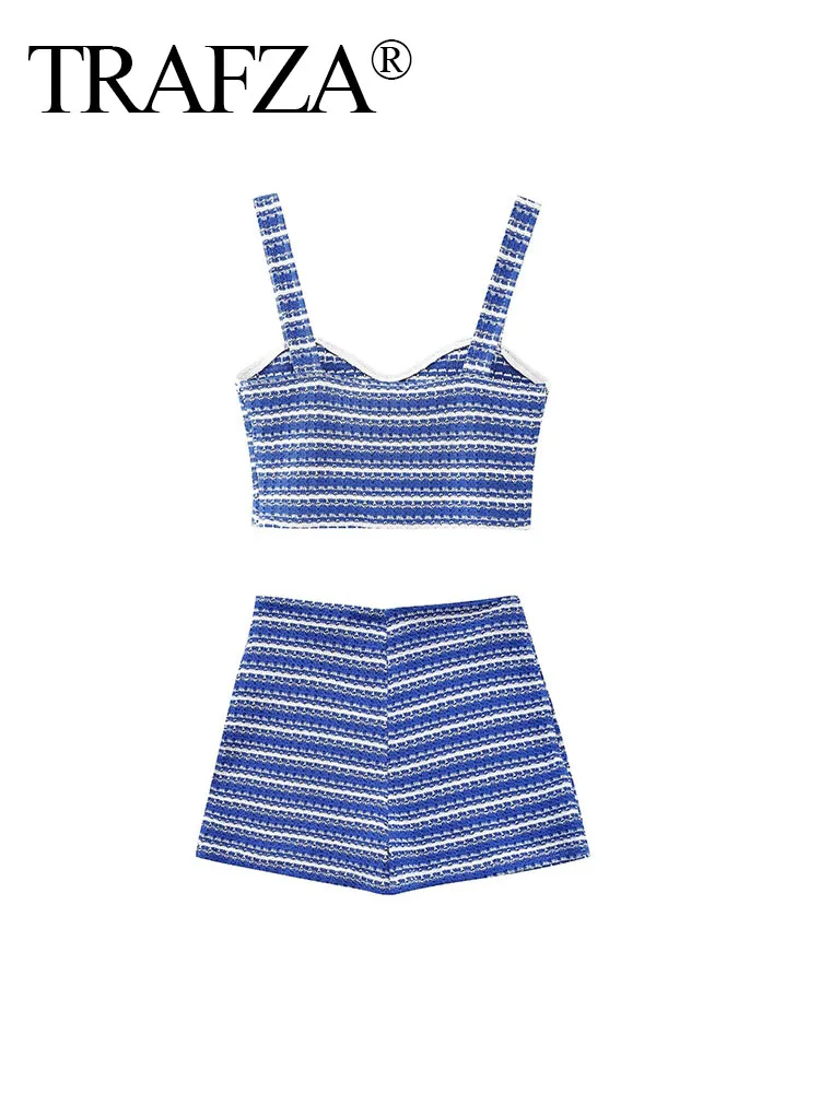 TRAFZA Damski letni 2-częściowy zestaw Sexy Blue Stripes Knit Backless Sleeveless V-Neck Top + Casual Slim Zipper High Waist Shorts TRAF