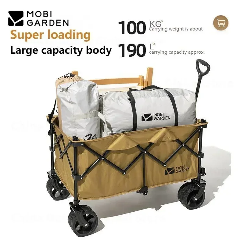 MOBI GARDEN 190L Outdoor Folding Camping Trolley Large Capacity Luggage Cart Adjustable Handle Widened Off-Road Wheels Pull Cart