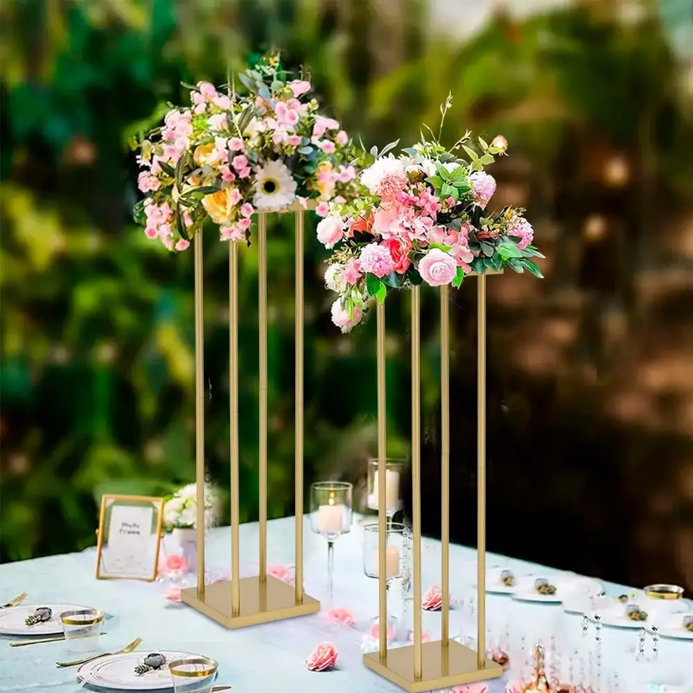 

2 шт., золотая подставка для цветов, центральные части для украшения свадебного стола, 23,6 дюйма, металлическая высокая ваза, геометрическая подставка для цветов для дисплея