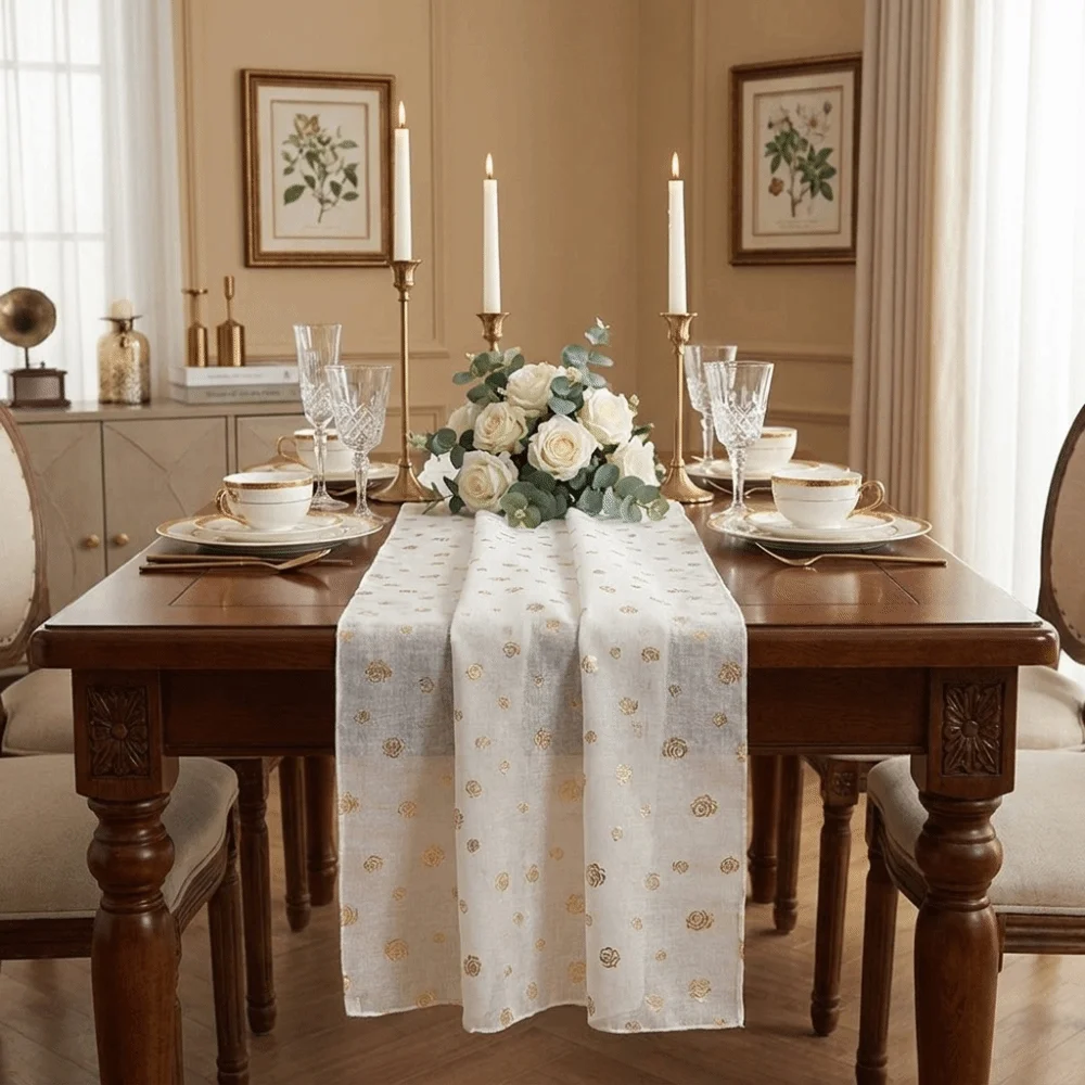 Creative Light Luxury Rose Gauze Tablecloth Stain Resistant Soft Gold Stamped Table Runner Exquisite Table Flag Wedding