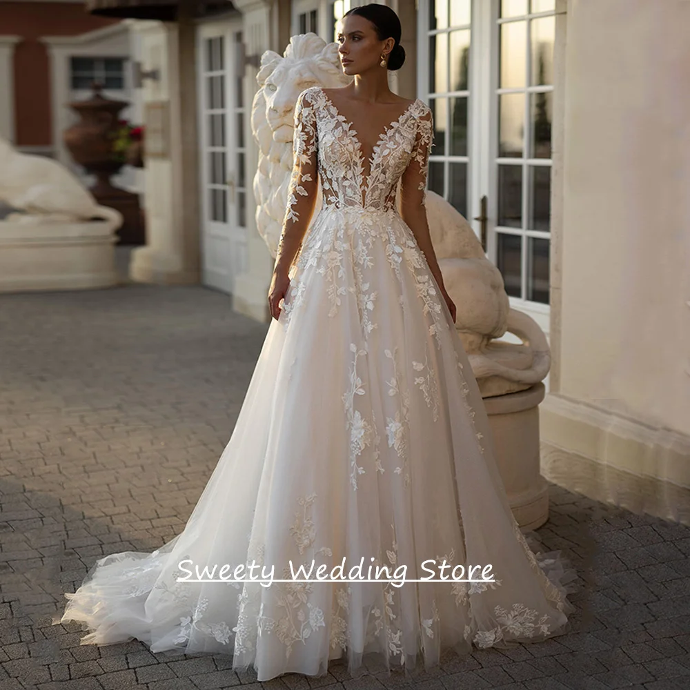 

High Quality Wedding Dress Customized Long Sleeves V Neck Lace Applique Sweep Train Illusion Bride Bridal Gown Robe Mariee