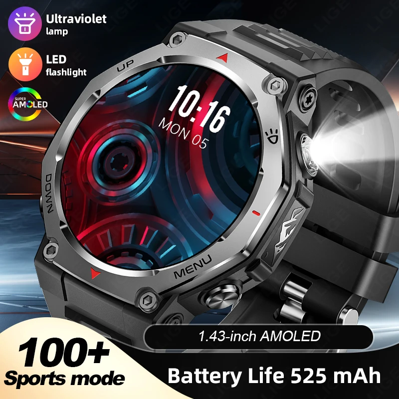 

LIGE уличные умные часы для мужчин AMOLED экран сильный фонарик УФ-свет 5ATM водонепроницаемые 525 мАч большой аккумулятор спортивные умные часы для мужчин