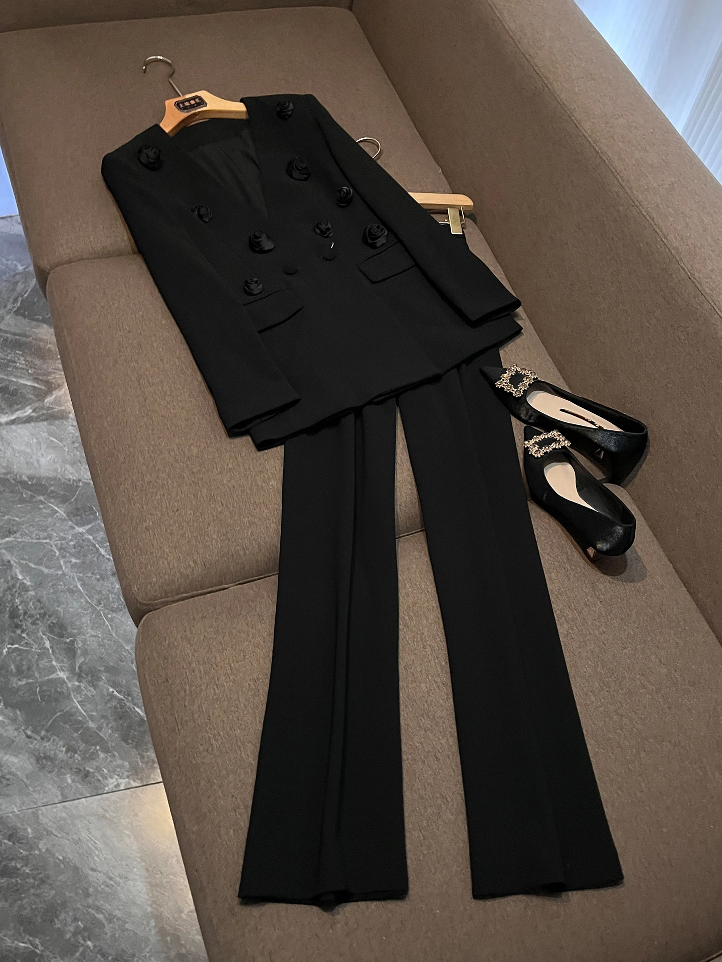 Early Autumn 2026 Women's Slim Fit Two Piece Suit Set High Waist Long Pants Polyester Fiber Button up Fashionable Workwear
