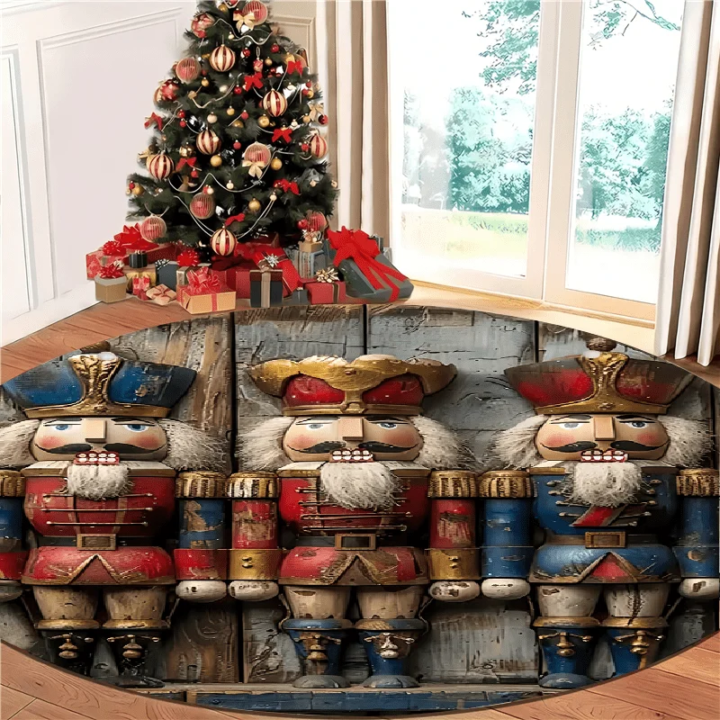Red Full Print Santa Snowman Carpet For Festive Family Gathering Cheerful Xmas Scene Warm Decorative Round Rug