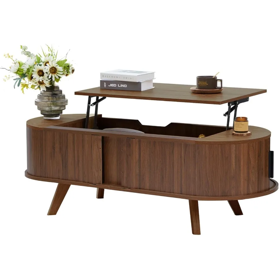 Mesa de centro pequeña con tapa elevable y puerta de pandereta corredera, mesa de centro curvada moderna de mediados de siglo 47,3 con mesa central ovalada de almacenamiento
