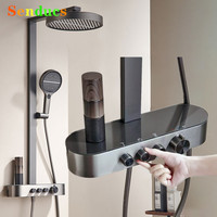 Waterfall Bathroom Shower Set Senducs Grey Hot Cold Bathroom Shower System 4 Function Brass Bathroom Faucet Rainfall Shower Head