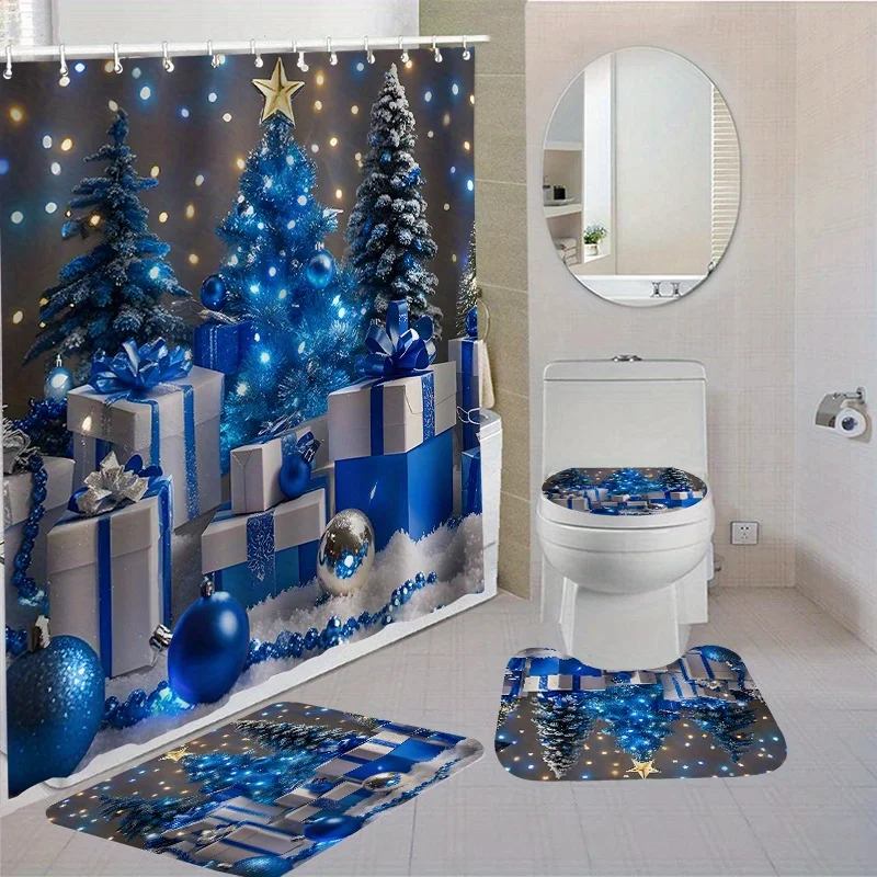 4Pcs Xmas Shower Set, Blue White Snowflakes, 12 Hooks, Non-Slip Toilet Cover, Holiday Decor, Winter Wonderland, Christmas Gift