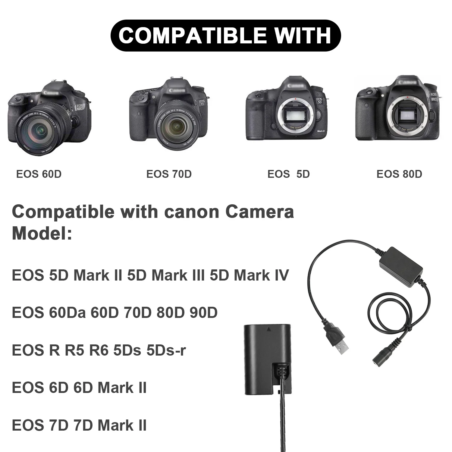 KUTOU 더미 배터리 USB 전원 어댑터 키트, 캐논 EOS 5D Mark III II 6D 7D 60D 70D 80D 90D R R5 R6 5DS, ACK-E6 DR-E6 LP E6 E6N