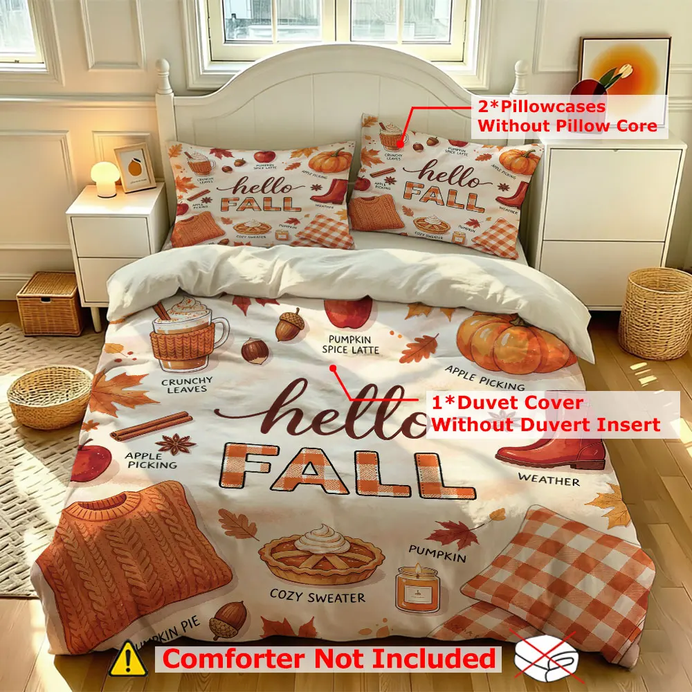 3PCS Duvet Cover Set Fall Autumn Pumpkin Maple Leaf Hello Fall Thanksgiving Bedding Set Soft Comfortable Bedroom Decor