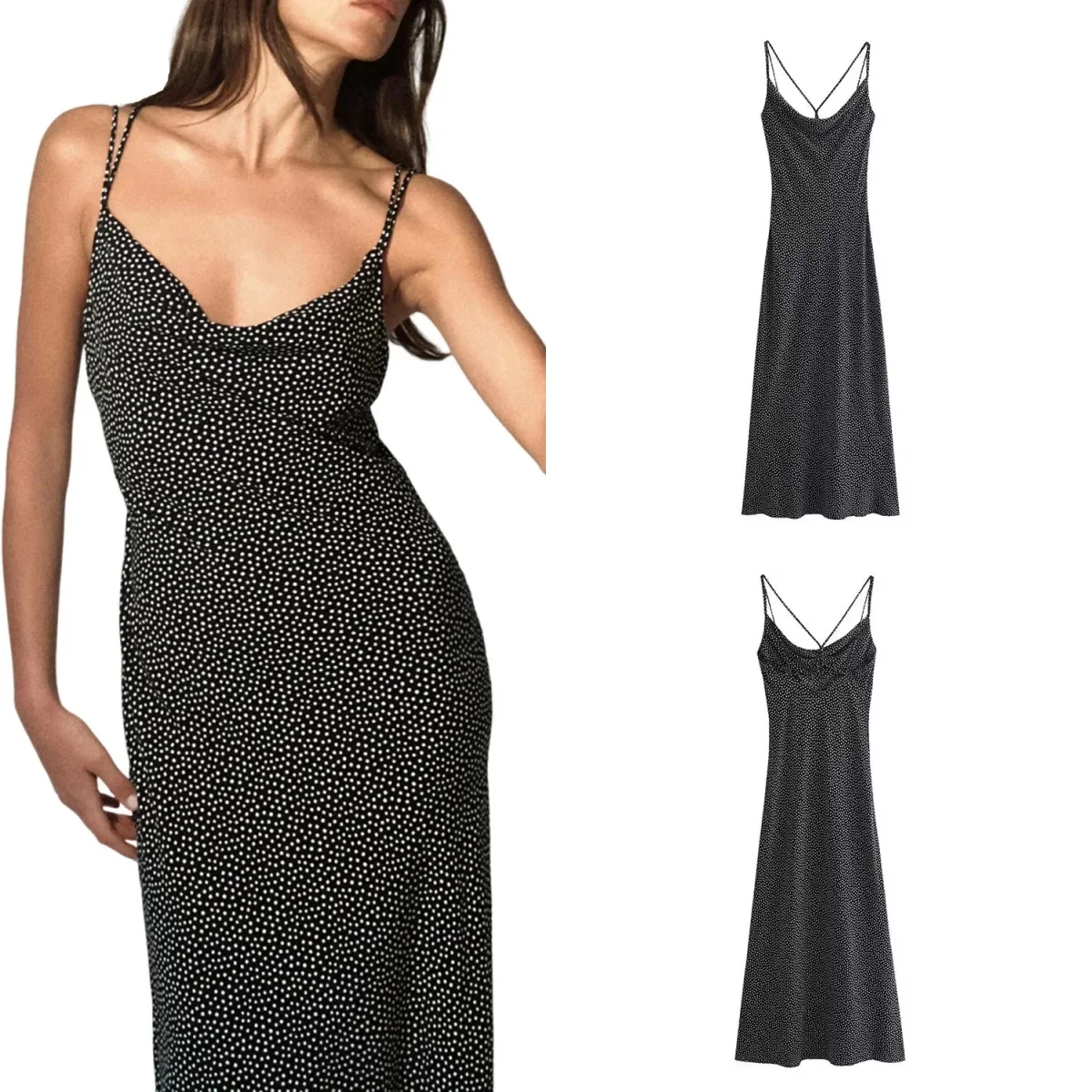 

2024 Women Fashion Polka Dot Print Midi Dress Women Party Cowl Neckline Back Cross Thin Straps Female Midi Dresses
