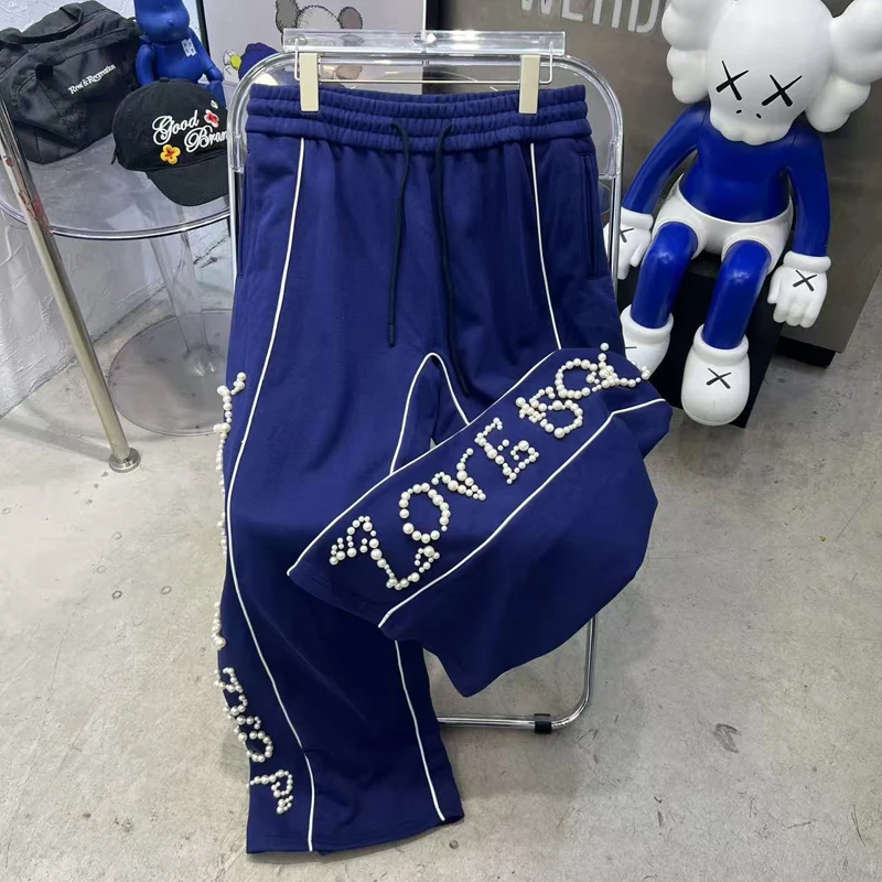 

GOODBRAND Casual Pants Pearl Decoration Light Luxury Fashionable Men's Women's GOOD Sweatpants Straight-leg Pants