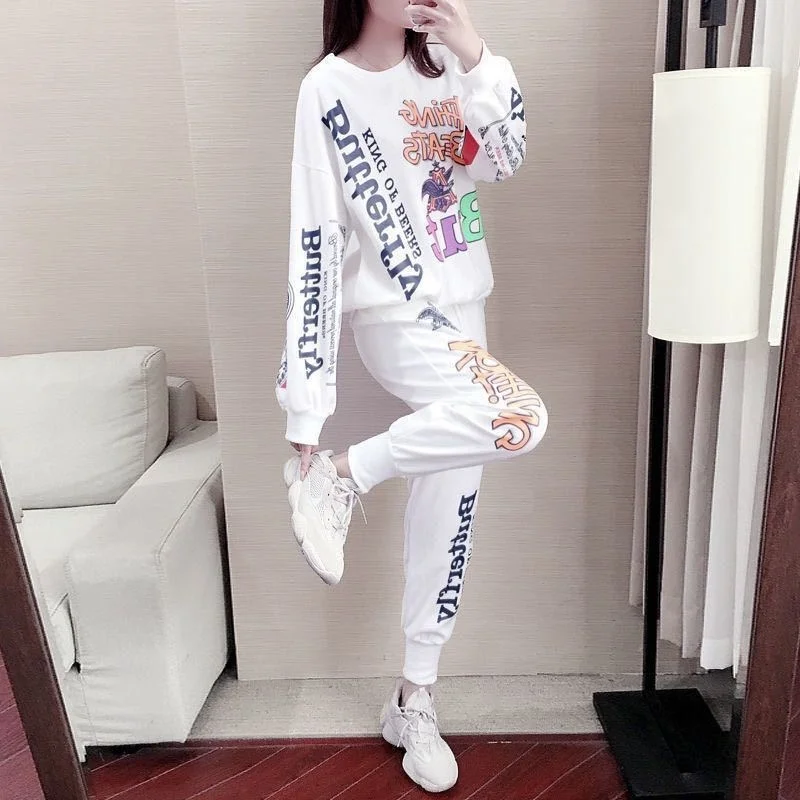 Women\'s 2024 Spring Autumn New Fashion Tracksuit Casual Sweat Suit Loose Long Sleeved Top And Pant 2 Two Piece Sets For Women