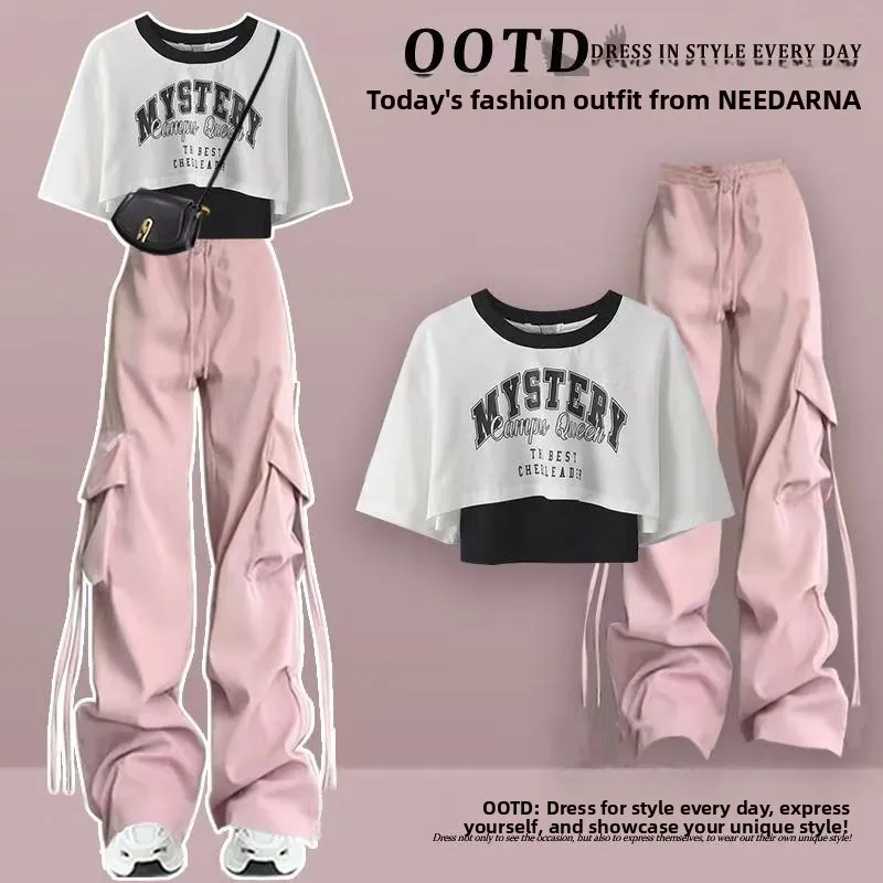 

Стильный летний женский комплект из двух предметов: футболка и брюки с широкими штанинами в корейском стиле для студенток