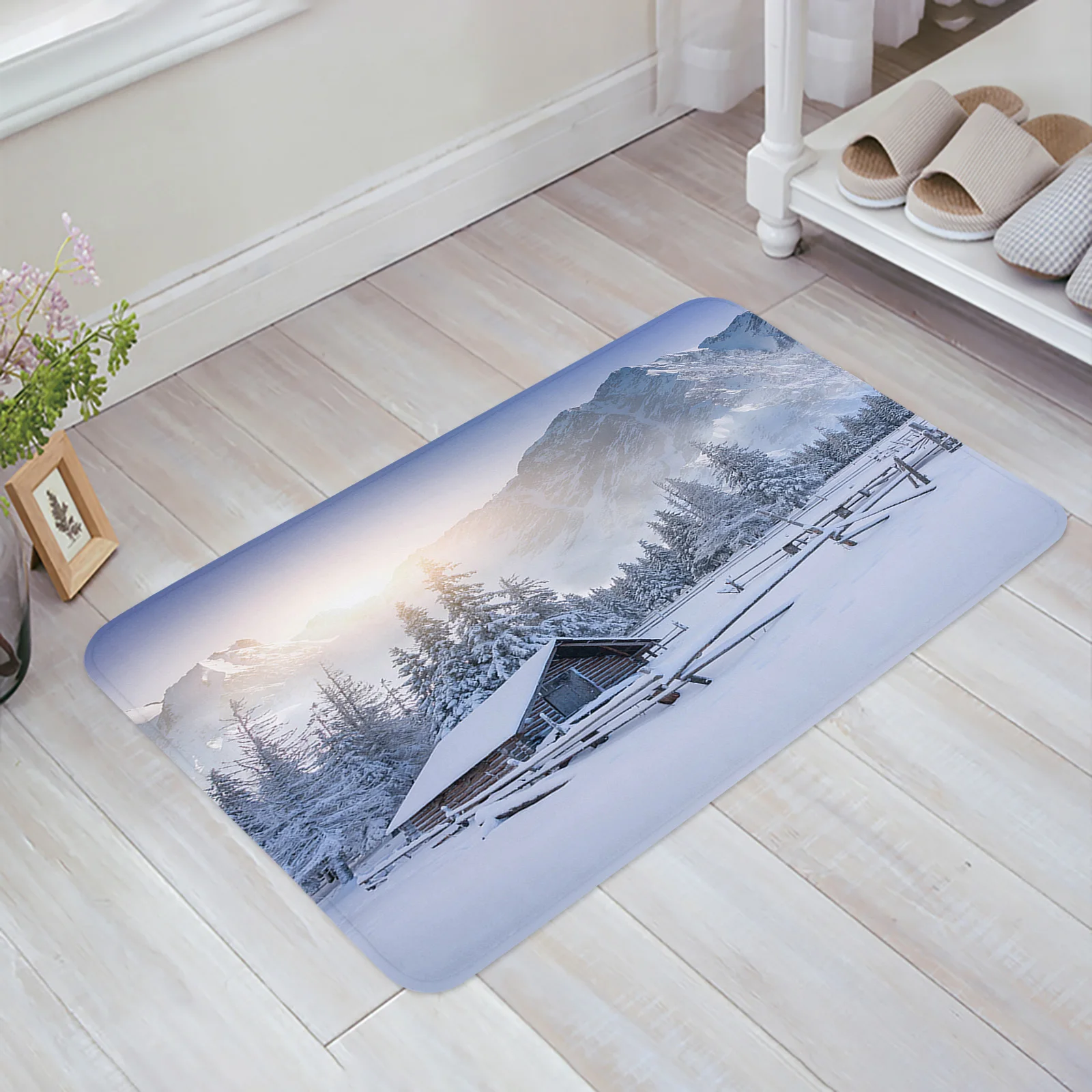 Winter Snow Mountain Morning Scenery House Kitchen Doormat Bedroom Bath Floor Carpet House Hold Door Mat Area Rugs Home Decor