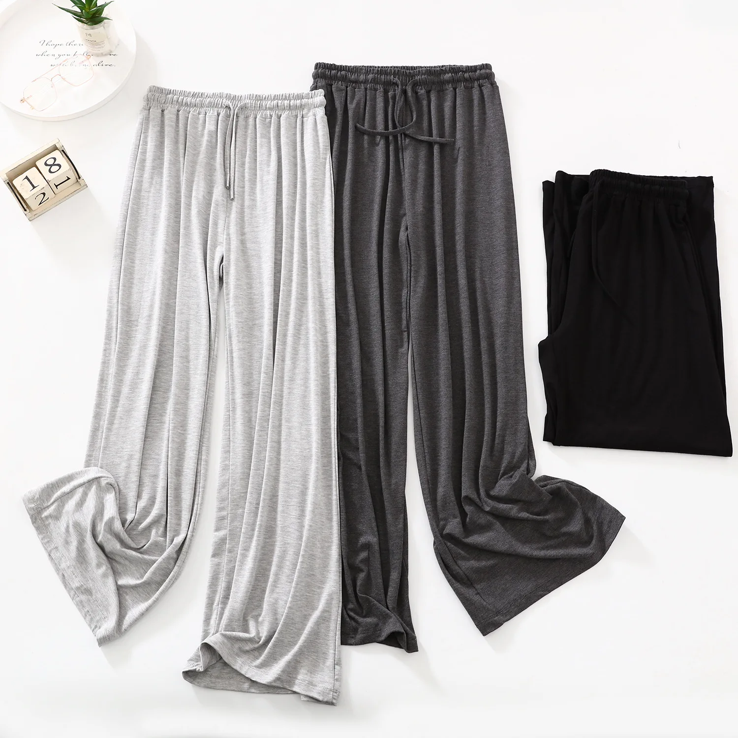 

Серые широкие брюки из модала для женщин на весну и осень с высокой талией, висячие прямые повседневные брюки, танцевальные пижамные брюки