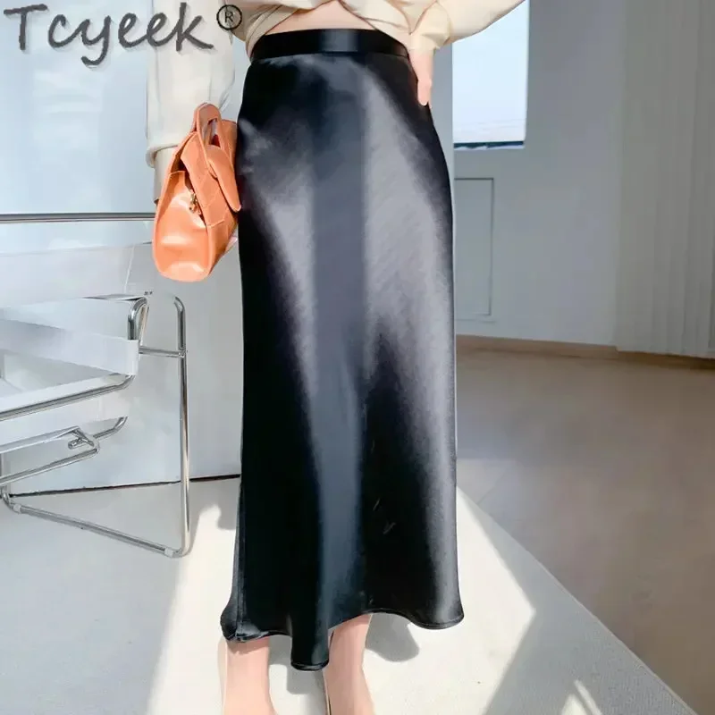 Acetate Tcyeek for 2024 Elegant Stain Korean Women Clothing High Waist s Black Skirt Faldas Para Mujer