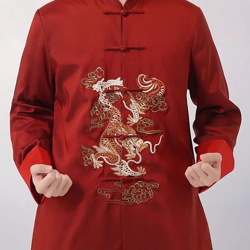 

Tradition Kung Fu Jackets Embroider Dragon Hanfu Chinese Style Top Men Satin Tang Clothes 2025 Autumn New Cosplay Costume