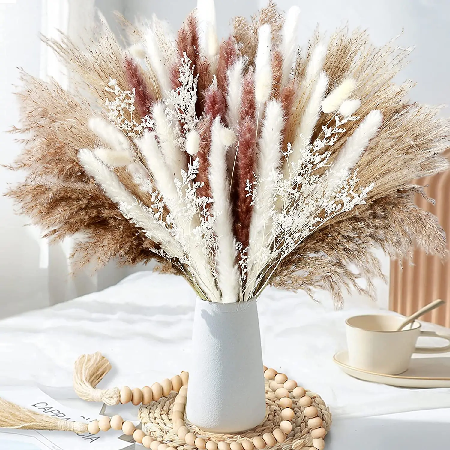 Ramo de hierba de Pampa seca Natural, 80 piezas, flores secas Phragmites, ramo bohemio para decoración de boda y Ramadán