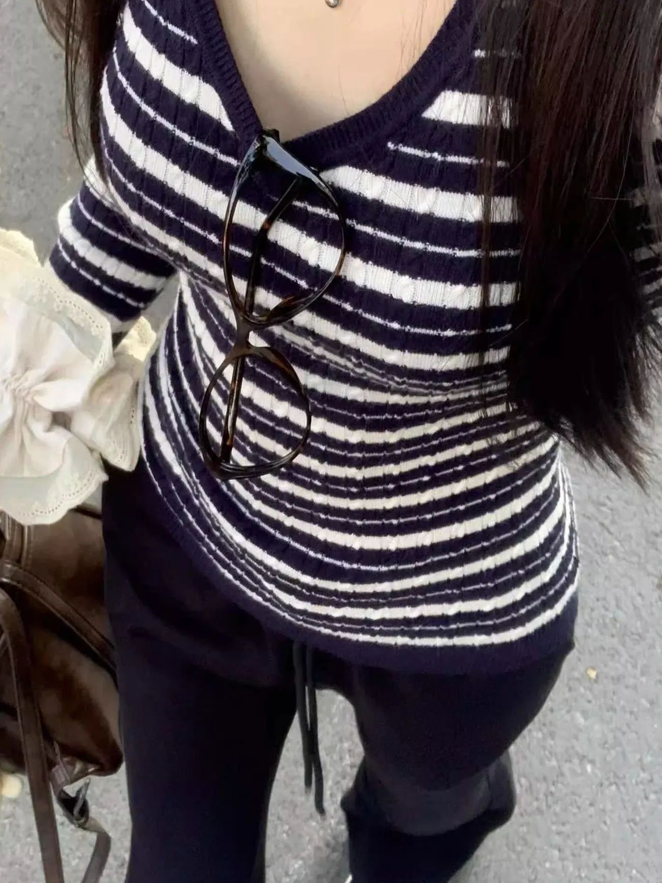 

Slim Fit Short Knit Sweater Women's V-Neck Striped Vintage Style Spring Autumn New Arrival Soft Long Sleeve Overhead Top