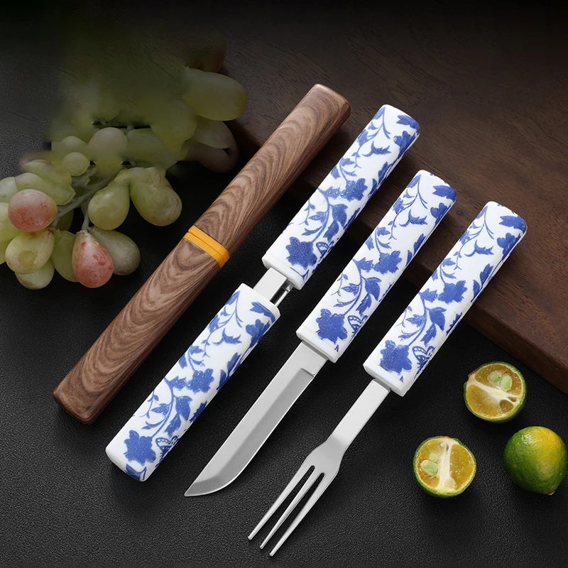 1 Set Straight Knife Dessert Fork With Sheath Stainless Steel 2-in-1 Knife And Fork Kit Outdoor Portable Paring Knife Cutlery