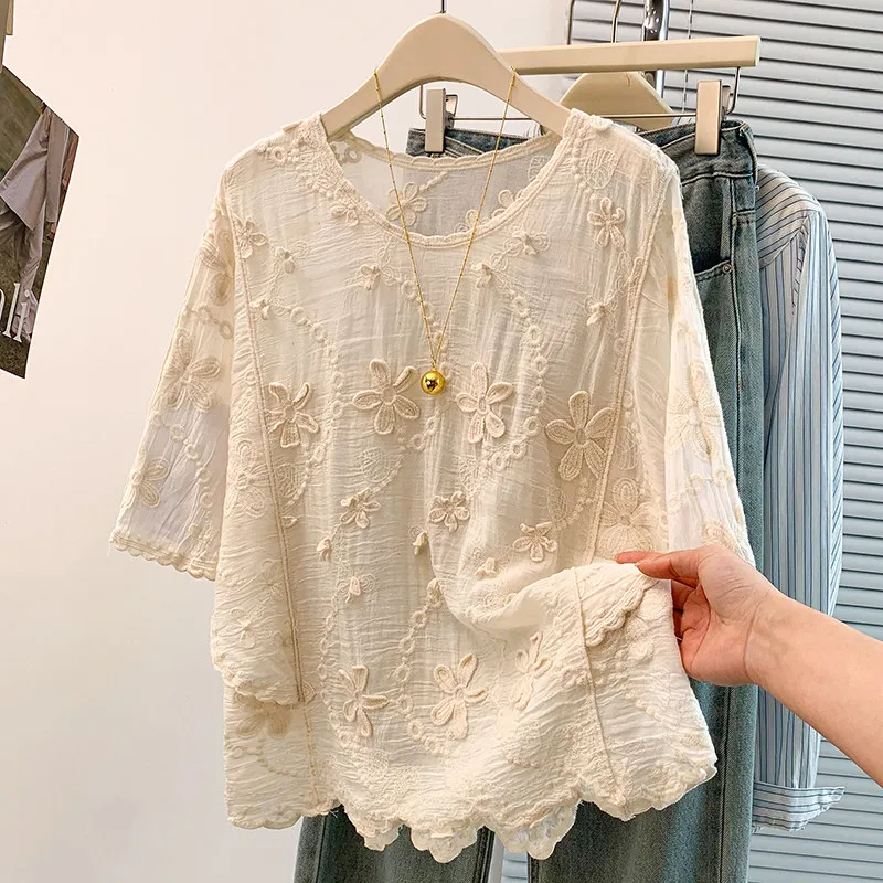 100% Cotton Stereoscopic Jacquard Short Sleeve T-shirt for Women 2026 Summer Thin Tops Casual Loose Apricot Pullover Tees