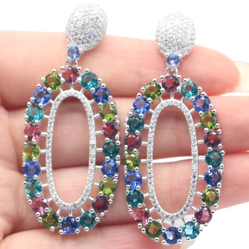 

53x23mm Jazaz Real 925 Solid Sterling Silver Earrings Big 13.2g Multi Color Tanzanite Blue Topaz Peridot Garnet CZ Engagement