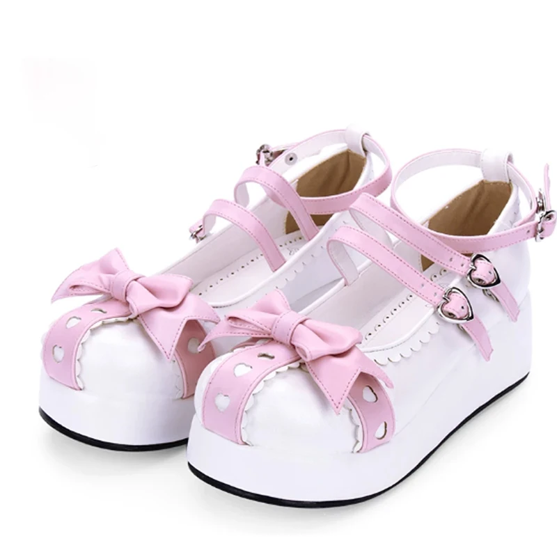 Zapatos de Tacón de Plataforma Estilo Lolita, Color Rosa y Blanco, con Lazo, Hebilla de Corazón, Tacón de Cuña, Estilo Japonés, para Cosplay, para Mujer