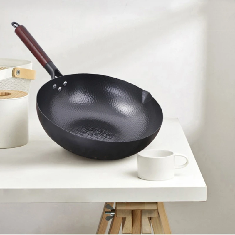 Imagem -04 - Wok Tradicional de Aço Carbono Panela Antiaderente Frigideiras com Tampa Panelas de Cozinha para Todos os Fogões Ferro Wok 12.5 32cm