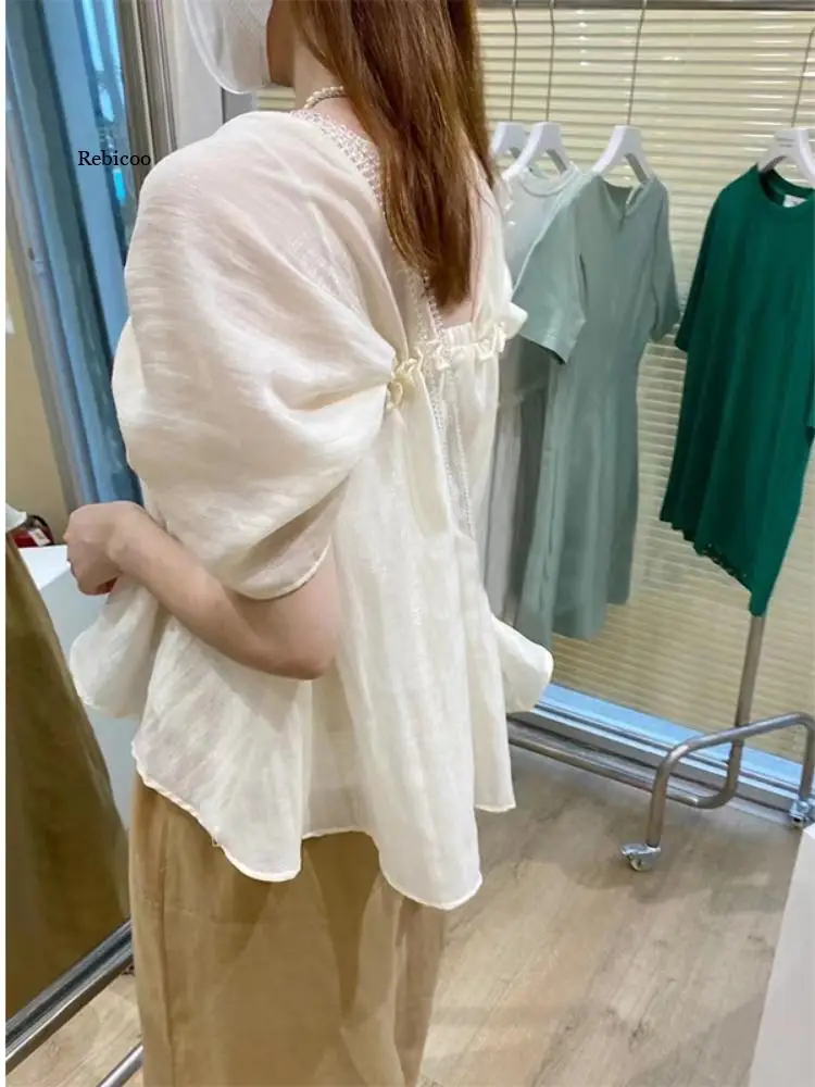 Puff Sleeve Women Blouses Korean Chic Solid Summer Square Neck Elegant Ropa Loose Pleated Fashion