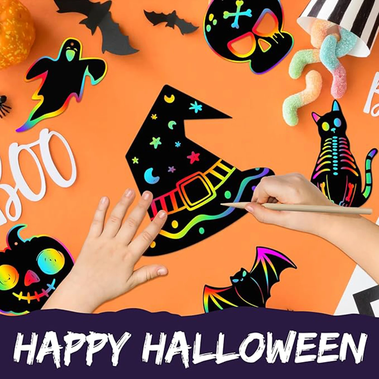 Art Craft Halloween - 12 個ハロウィン DIY スクラッチペーパーレインボーアートクラフトカボチャオーナメントマジックカラフルカードパーティーアート子供用ハロウィンデコレーション