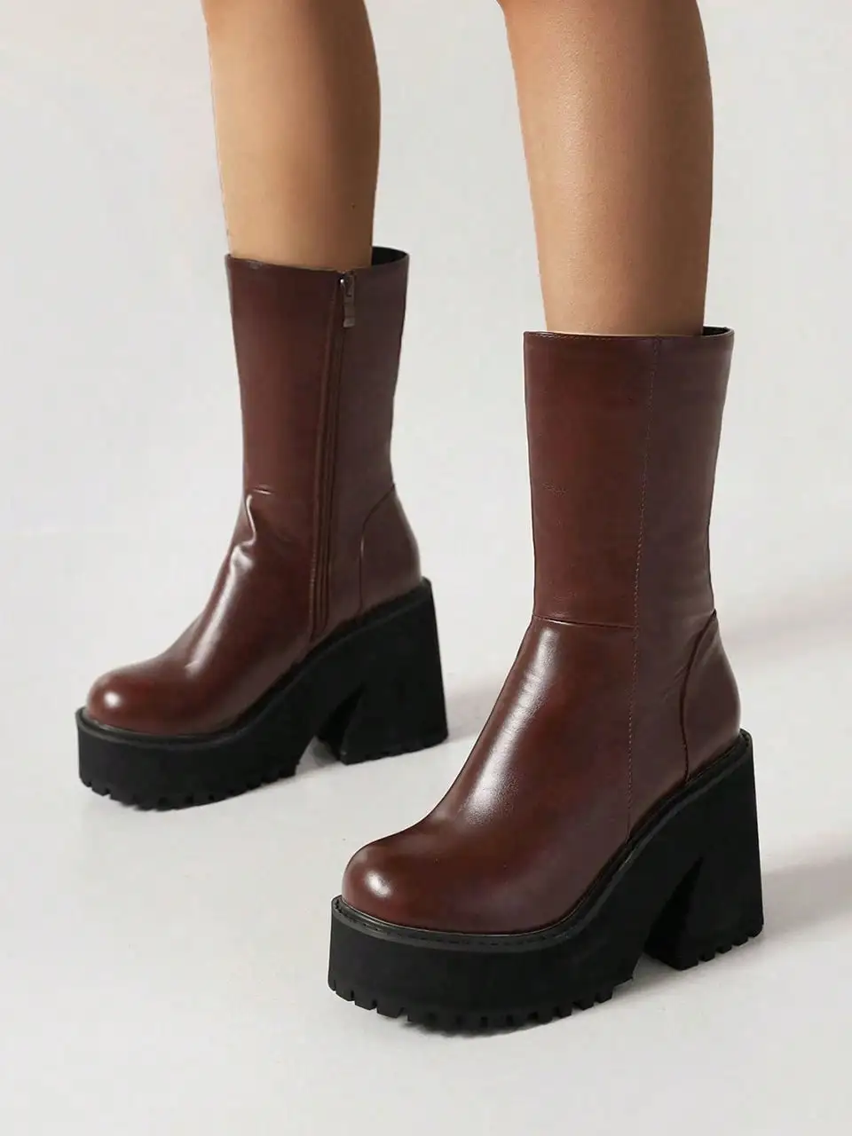 

Chic Women's Gothic Mid Calf Boots Platform Chunky High Heeled Punk Street Fashion Motorcycle Combat Riding Short Boots